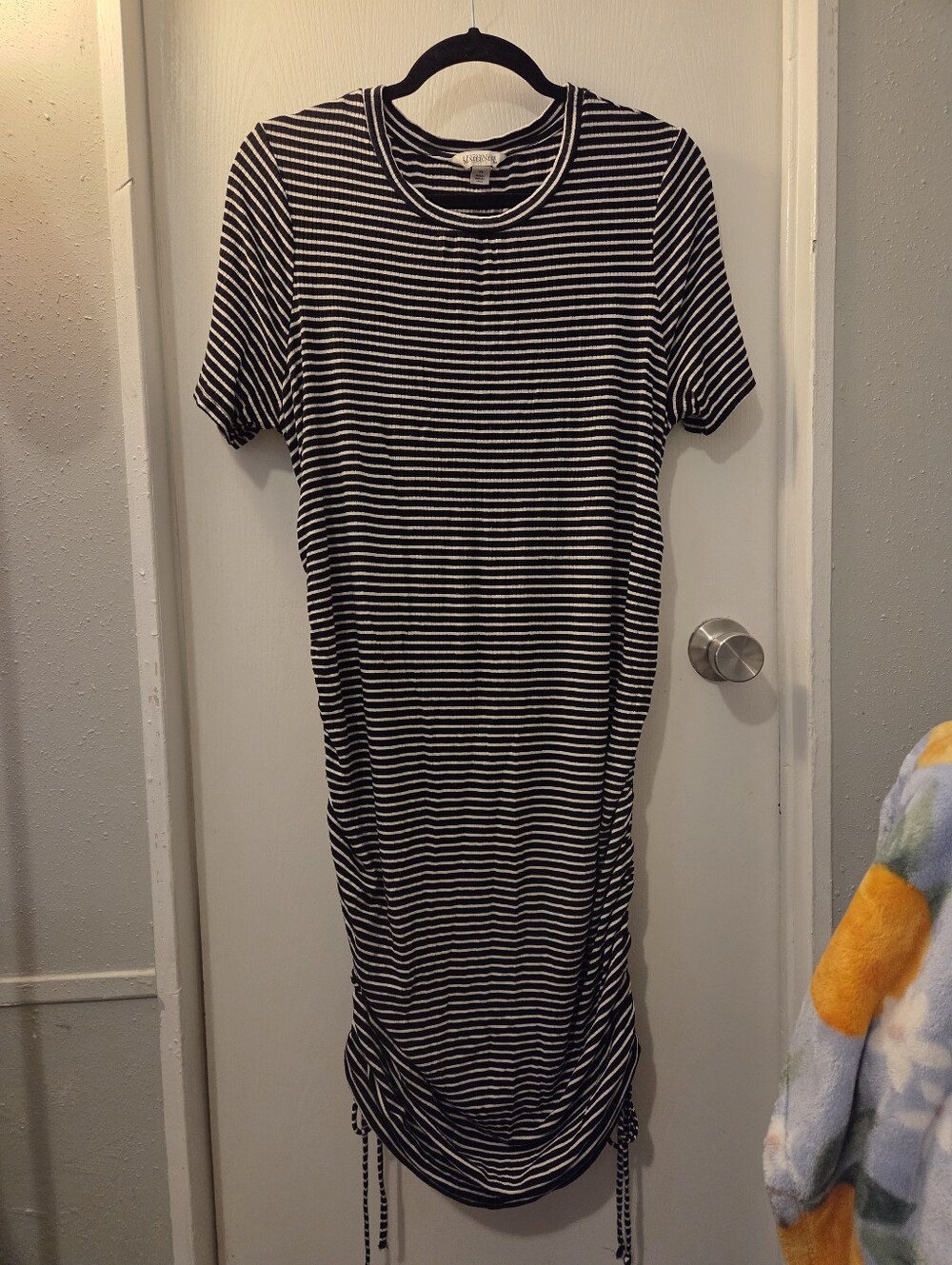 Destination Maternity Black & White Striped Ruched Dress